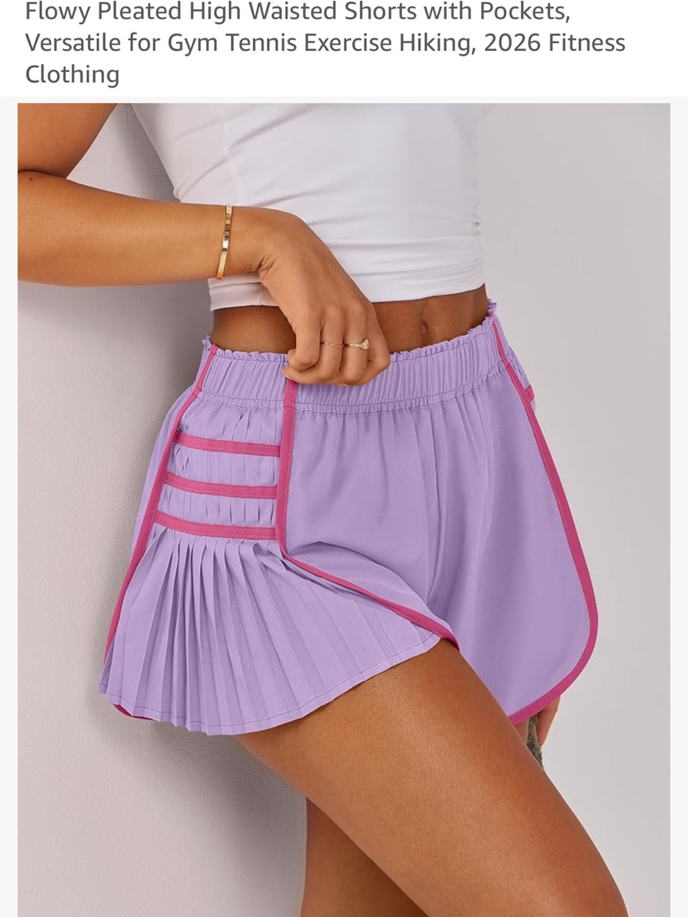 Amazon Lavender Pleated High-Waist Shorts with Pink Trim